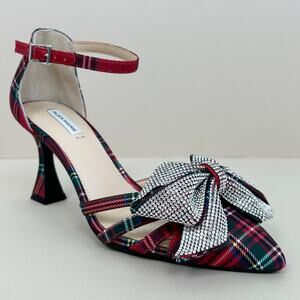 Alex Marie Carmela Tartan Plaid Rhinestone Bow Pointed Heels NWT